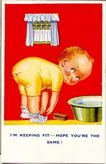 Comic postcard, Little boy keeping fit Date: 20th century Comic postcard, Little boy keeping fit Date: 20th century