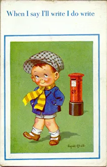 Comic postcard, Little boy and pillar box Date: 20th century Comic postcard, Little boy and pillar box Date: 20th century