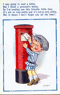 Comic postcard, Little boy posting a card Date: 20th century Comic postcard, Little boy posting a card Date: 20th century