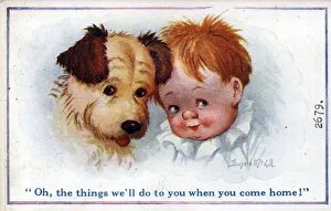 Comic postcard, Little boy and puppy, WW1 Comic postcard, Little boy and puppy, WW1
