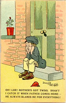 Comic postcard, Little boy sitting on doorstep Date: 20th century Comic postcard, Little boy sitting on doorstep Date: 20th century