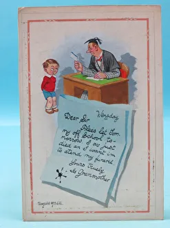 Comic postcard, Little boy and teacher - a forged letter! Date: 20th century Comic postcard, Little boy and teacher - a forged letter! Date: 20th century