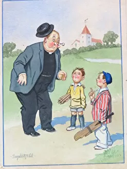 Comic postcard, Little boys and vicar. Please sir, we're forming a cricket club