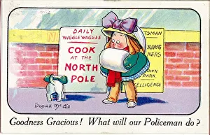 Comic postcard, Little girl with dog - Cook at the North Pole Date: 20th century Comic postcard, Little girl with dog - Cook at the North Pole Date: 20th century