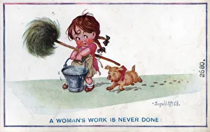 Comic postcard, Little girl doing the housework Comic postcard, Little girl doing the housework