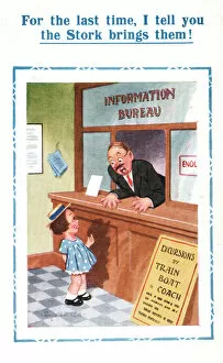 Comic postcard, Little girl at Information Bureau