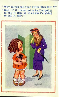 Comic postcard, Little girl with kitten - Ben Hur Date: 20th century Comic postcard, Little girl with kitten - Ben Hur Date: 20th century
