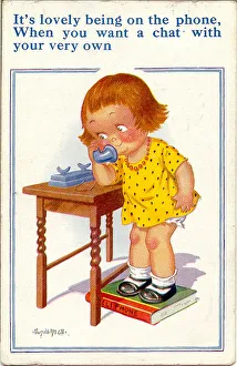 Comic postcard, Little girl on the phone Date: 20th century Comic postcard, Little girl on the phone Date: 20th century