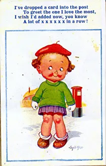 Comic postcard, Little girl and pillar box, just posted a card Date: 20th century Comic postcard, Little girl and pillar box, just posted a card Date: 20th century