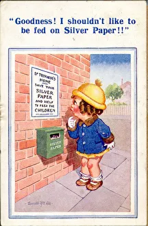 Comic postcard, Little girl reading notice Date: 20th century Comic postcard, Little girl reading notice Date: 20th century