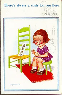 Comic postcard, Little girl with Reserved chair for a friend Date: 20th century Comic postcard, Little girl with Reserved chair for a friend Date: 20th century