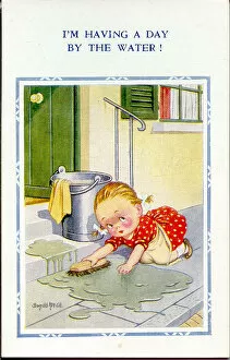 Chores Gallery: Comic postcard, Little girl scrubbing the front step Date: 20th century