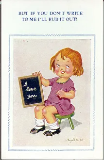 Comic postcard, Little girl with slate Date: 20th century Comic postcard, Little girl with slate Date: 20th century