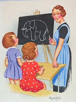 Comic postcard, Two little girls and teacher