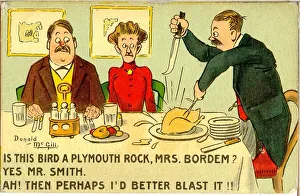 Comic postcard, Lodgers and landlady - carving the poultry Date: 20th century Comic postcard, Lodgers and landlady - carving the poultry Date: 20th century