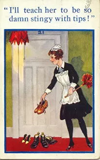Teach Gallery: Comic postcard, Maid with boots and shoes outside hotel room Date: 20th century