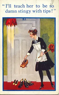 Comic postcard, Maid with boots and shoes outside hotel room Date: 20th century Comic postcard, Maid with boots and shoes outside hotel room Date: 20th century