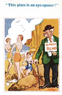 Comic postcard, Man on the beach, almost blind! Date: 20th century Comic postcard, Man on the beach, almost blind! Date: 20th century