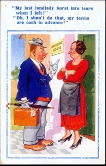 Comic postcard, Man and boarding house landlady Date: 20th century Comic postcard, Man and boarding house landlady Date: 20th century