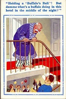 Comic postcard, Man disturbed by late night party in hotel Date: 20th century Comic postcard, Man disturbed by late night party in hotel Date: 20th century