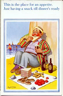 Comic postcard, Man enjoying a picnic on the beach
