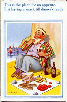Comic postcard, Man enjoying a picnic on the beach Comic postcard, Man enjoying a picnic on the beach