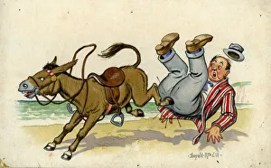 Comic postcard, Man falling off a donkey on the beach Date: 20th century Comic postcard, Man falling off a donkey on the beach Date: 20th century
