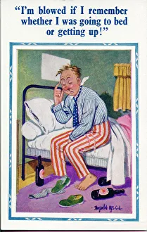 Comic postcard, Man with hangover sitting on bed Date: 20th century Comic postcard, Man with hangover sitting on bed Date: 20th century