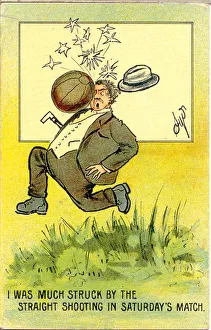 Comic postcard, Man hit by football Date: early 20th century Comic postcard, Man hit by football Date: early 20th century