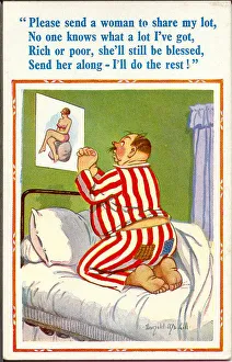 Comic postcard, Man kneeling in bed, praying for a woman Date: 20th century Comic postcard, Man kneeling in bed, praying for a woman Date: 20th century