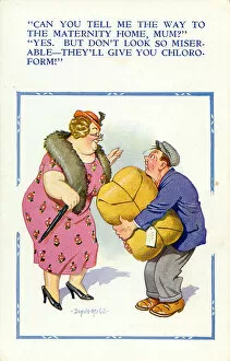 Parcel Gallery: Comic postcard, Man with large parcel looking for maternity home Date: 20th century