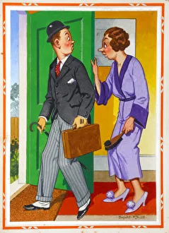 Comic postcard, Man leaving for work in the morning - I see the man next door kisses his Comic postcard, Man leaving for work in the morning - I see the man next door kisses his