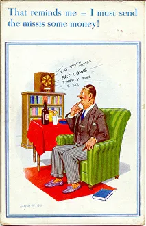 Comic postcard, Man listening to the radio Date: 20th century Comic postcard, Man listening to the radio Date: 20th century