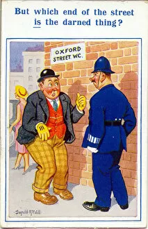 Gents Gallery: Comic postcard, Man looks for toilet in Oxford Street