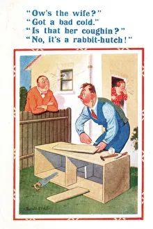 Comic postcard, man making rabbit hutch Date: 20th century Comic postcard, man making rabbit hutch Date: 20th century