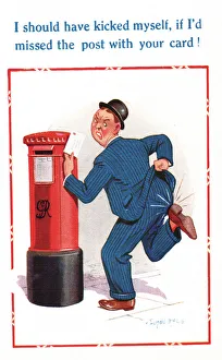 Comic postcard, man posting a birthday card Comic postcard, man posting a birthday card
