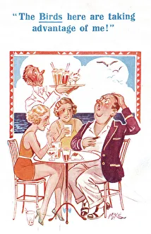 Comic postcard, Man and two pretty women drinking at an outdoor cafe - taking advantage of m Comic postcard, Man and two pretty women drinking at an outdoor cafe - taking advantage of m