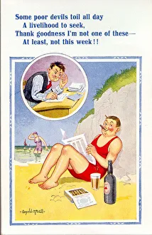 Comic postcard, Man relaxing on the beach, happy to be having a week away from the office Comic postcard, Man relaxing on the beach, happy to be having a week away from the office