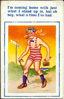 Comic postcard, Man sets off home from the seaside Date: 20th century Comic postcard, Man sets off home from the seaside Date: 20th century
