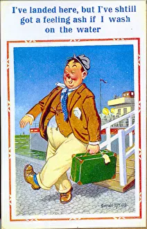 Comic postcard, Man stepping off a boat at the seaside Date: 20th century Comic postcard, Man stepping off a boat at the seaside Date: 20th century