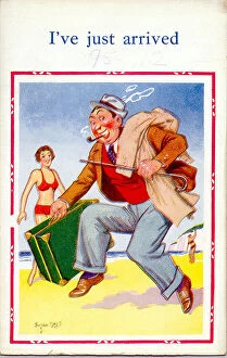Bikini Gallery: Comic postcard, Man with suitcase on the beach