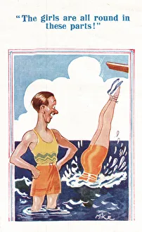 Comic postcard, Man watching woman dive into the sea Date: 20th century Comic postcard, Man watching woman dive into the sea Date: 20th century