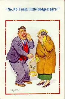 Comic postcard, Man and woman with caged birds Date: 20th century Comic postcard, Man and woman with caged birds Date: 20th century