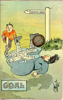 Comic postcard, Man and woman playing football - Goal (1 of 2) Date Comic postcard, Man and woman playing football - Goal (1 of 2) Date