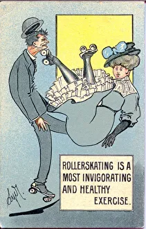 Comic postcard, Man and woman rollerskating Date: early 20th century Comic postcard, Man and woman rollerskating Date: early 20th century
