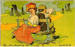 Comic postcard, Man and woman sitting on a bench - Oh, he's touching me Comic postcard, Man and woman sitting on a bench - Oh, he's touching me