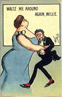Comic postcard, Man and woman waltzing Date: early 20th century Comic postcard, Man and woman waltzing Date: early 20th century