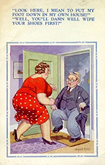 Comic postcard, Married couple in conflict Date: 20th century Comic postcard, Married couple in conflict Date: 20th century