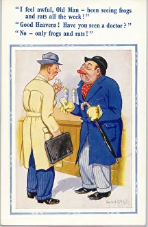 Comic postcard, Two men chatting in a pub - frogs and rats Date: 20th century Comic postcard, Two men chatting in a pub - frogs and rats Date: 20th century