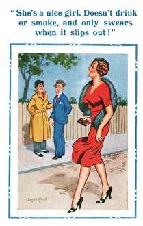 Comic postcard, men gossiping about young woman Date: 20th century Comic postcard, men gossiping about young woman Date: 20th century